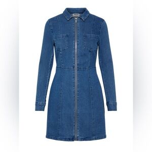 Denim Fitted Shirt Dress Full Zipper Long Sleeve SZ 6 Breast Pockets 70s Style